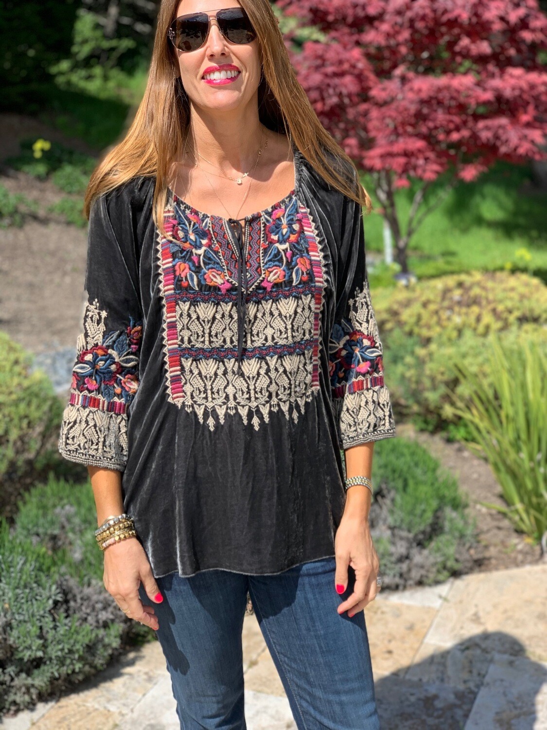 Johnny Was Gray Embroidered Shirt Top Tunic