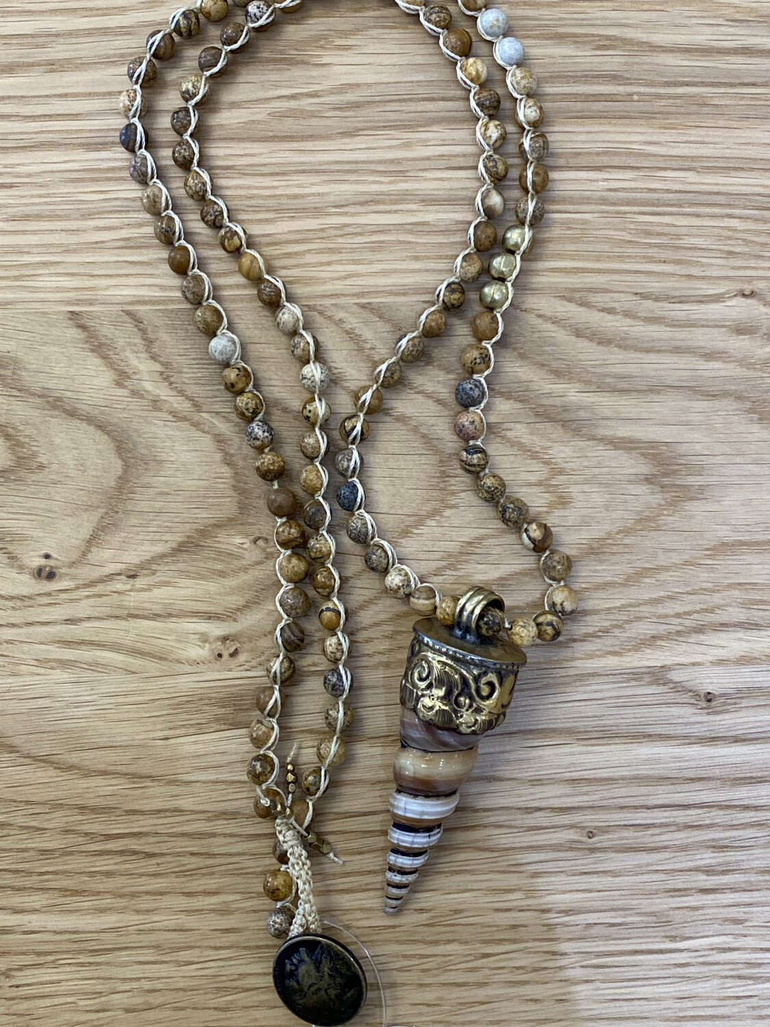 Fossilized Shell Jasper Brass Bead Necklace