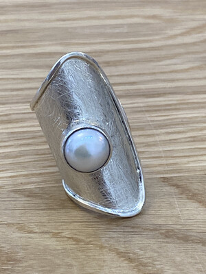Monica Zamora Sterling Silver Adjustable Genuine Pearl Wide Cuff Ring 