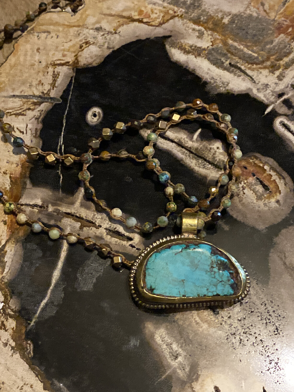 Turquoise Repousse Pendant with Turquoise & Metal Beads Necklace