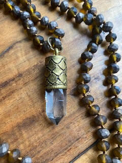Quartz Crystal Repousse Pendant Hand-Knotted Bead Necklace