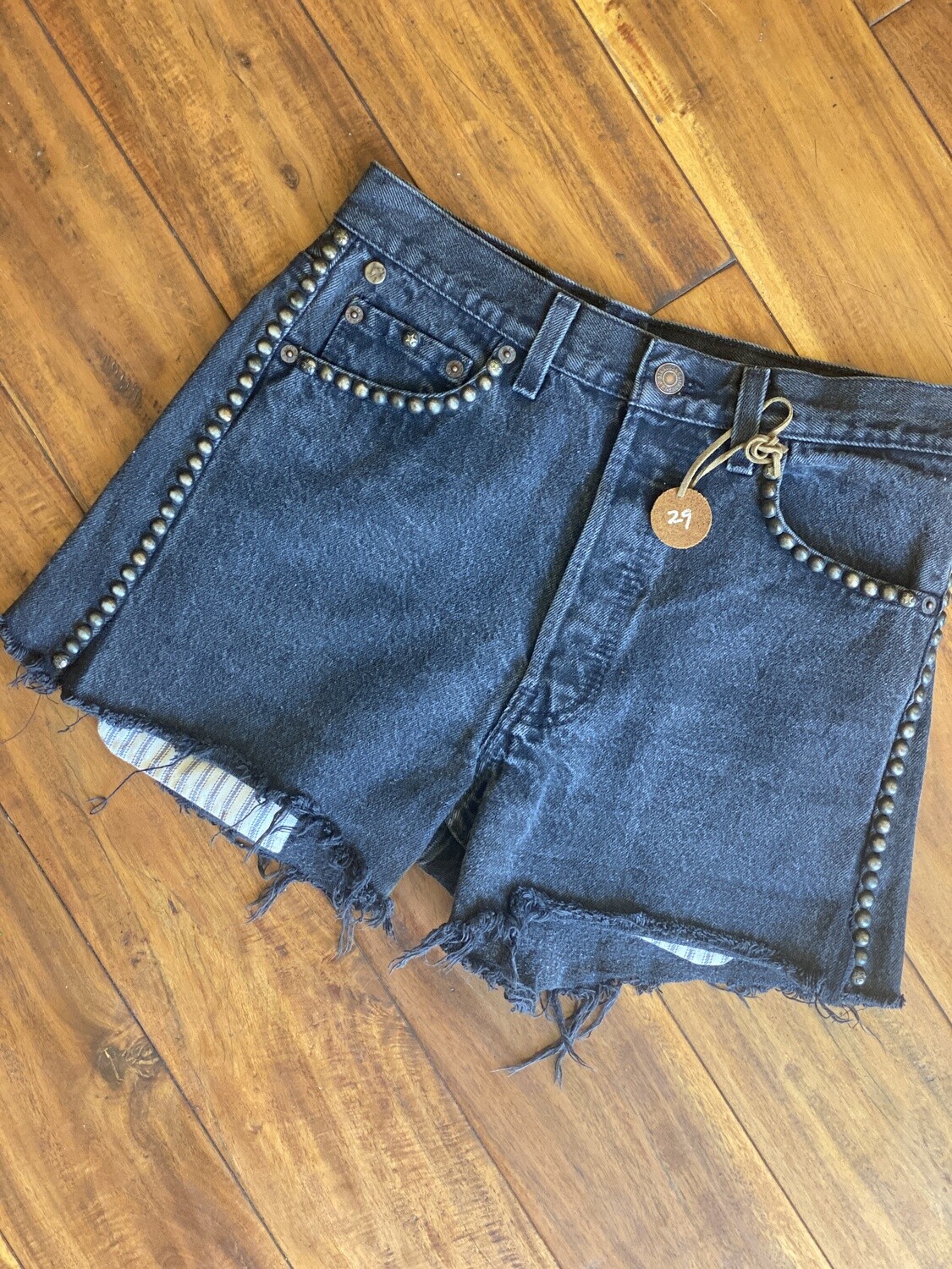 Junkyard Levi's RE-Worked Upcycled Black Denim Button fly (2) GENUINE Vintage Pre-1997 Shorts with Studs 29 Made in the U.S.A.