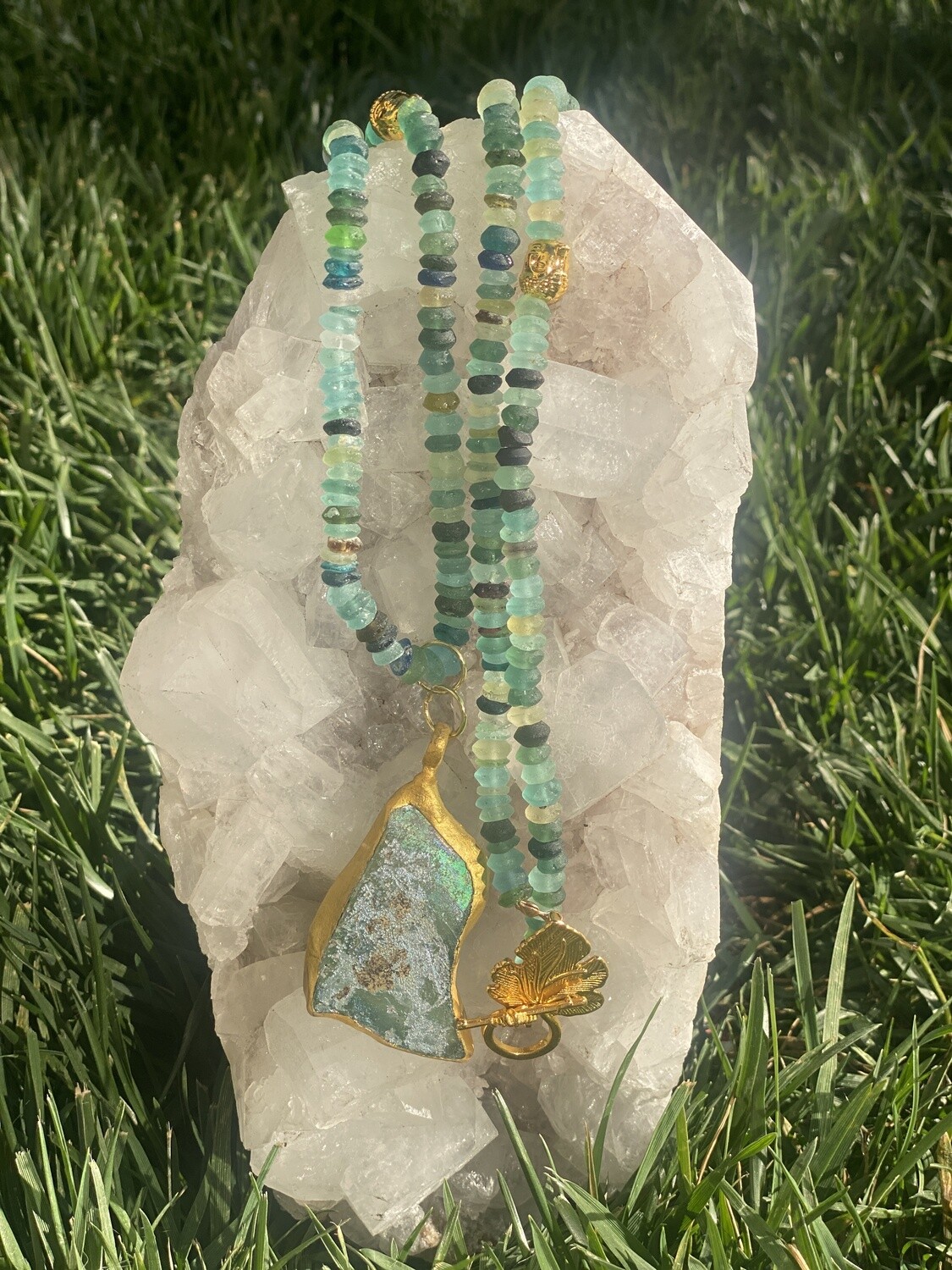 Roman Glass Gold Buddha Necklace with Toggle Closure