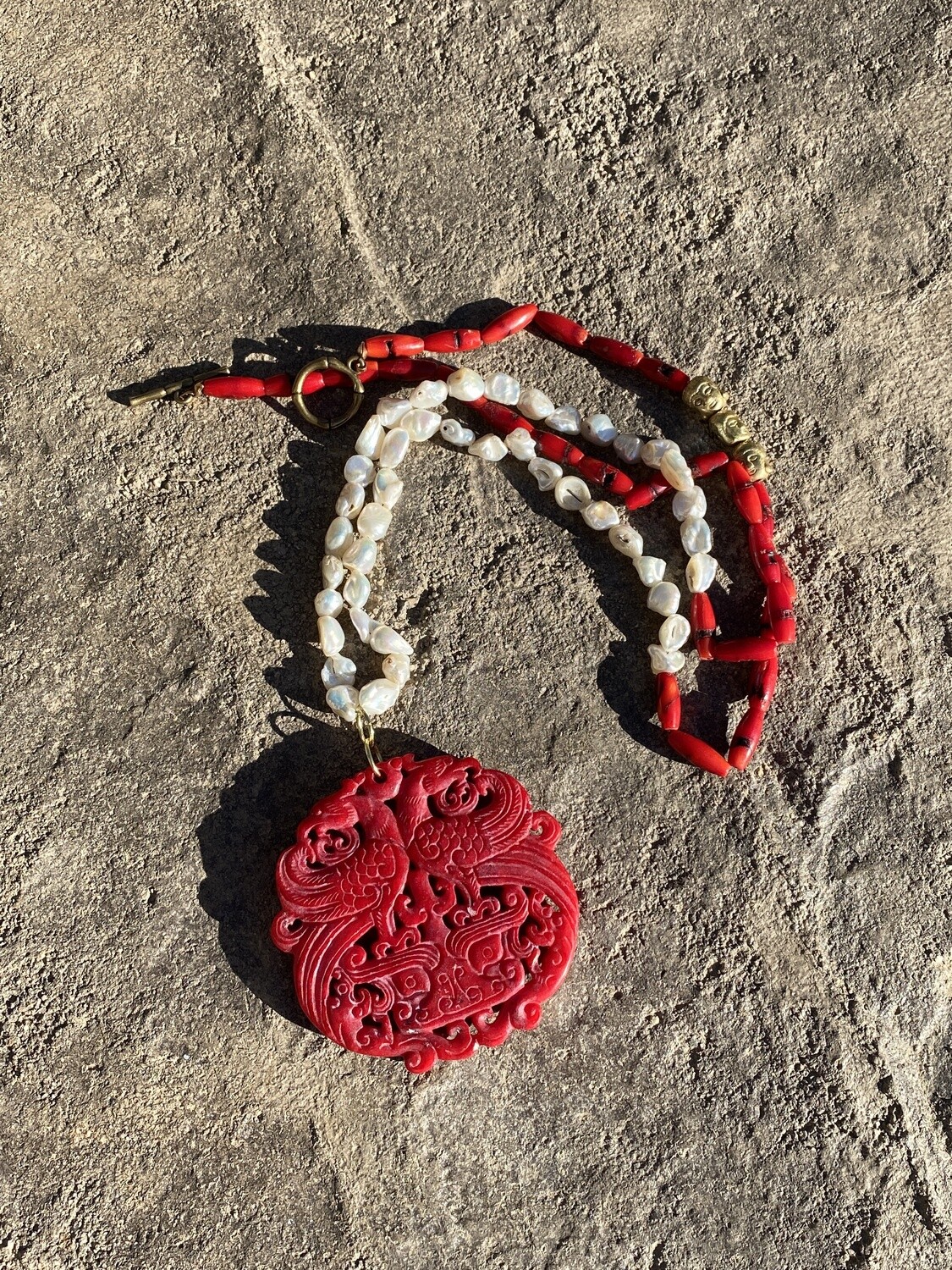 ESIAAM Spectacular Carved Asian Pendant Pearl Red Coral Necklace