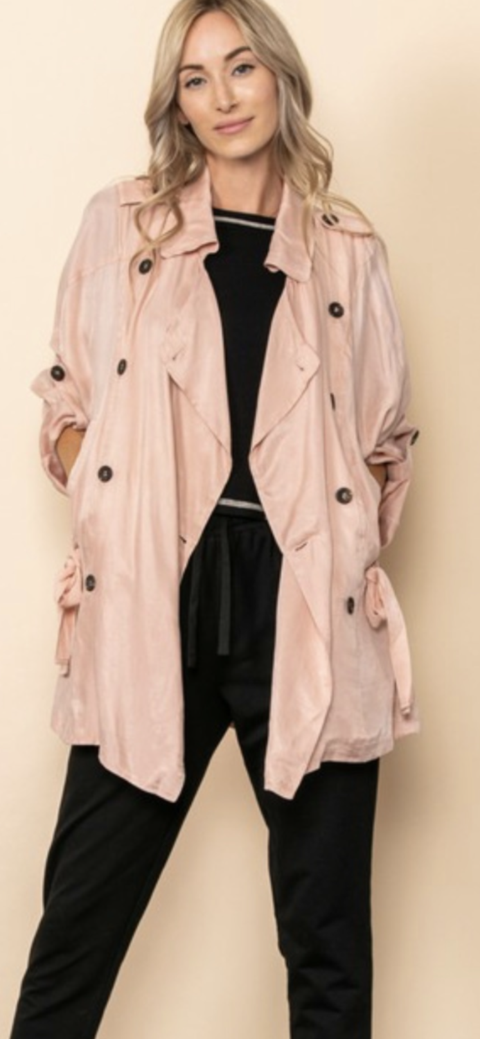 Trench Cupro Cinch Waist Jacket Coat, Soft Pink