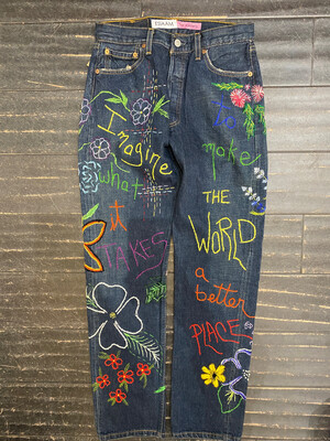 ESIAAM Levi's 501 Hand-Embroidered Jeans 30x32 “Imagine What It Takes To Make the World a Better Place”