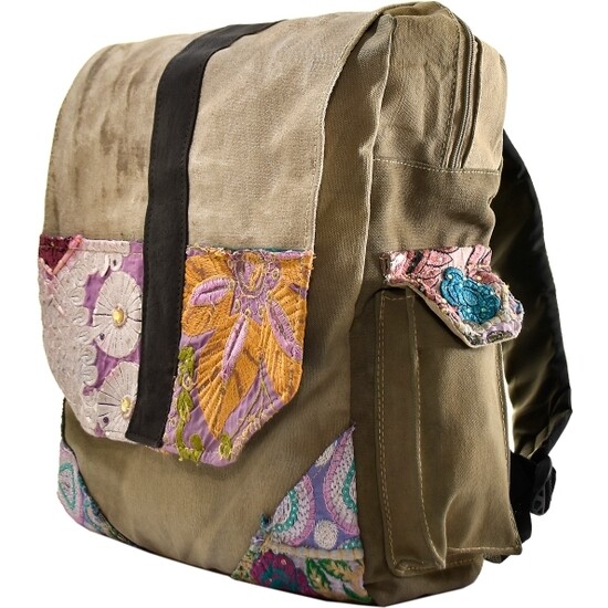 Recycled Military Tent Backpack with Vintage Fabric Trim (#1)