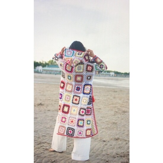 Granny Square Hooded Sweater Cardigan Duster, White