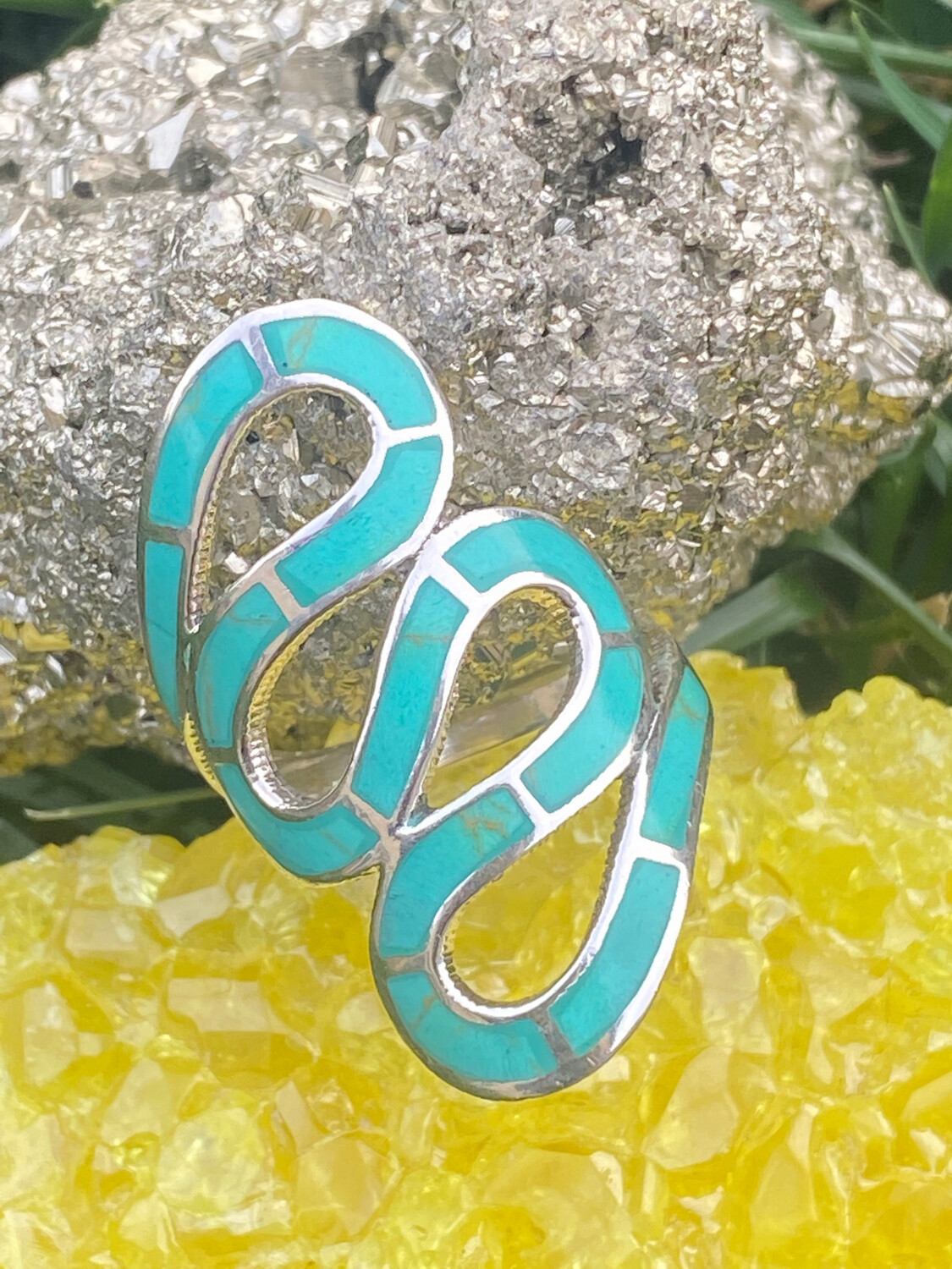 Sterling Silver 925 Turquoise Inlaid Wrap Ring, size 9 3/4