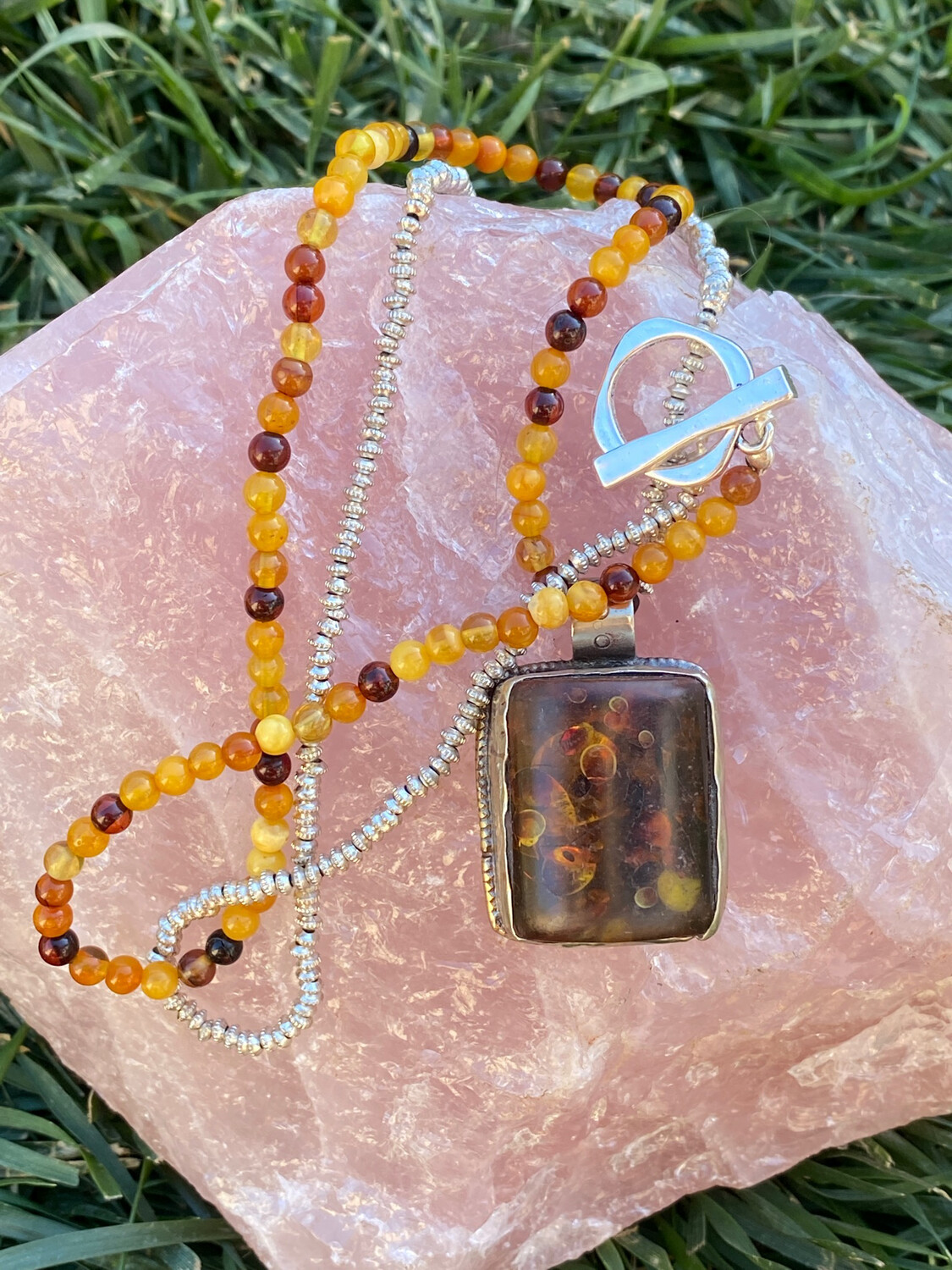 ESIAAM Amber Floral Repousse Silver Necklace