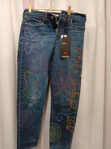 ESIAAM Levi's 501 Hand-Embroidered Jeans 29 Wedgie "What a Wonderful World"