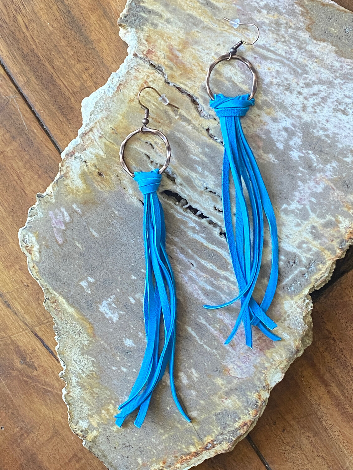 Turquoise Blue Leather Tied Fringe Dangle Earrings (TJJ)