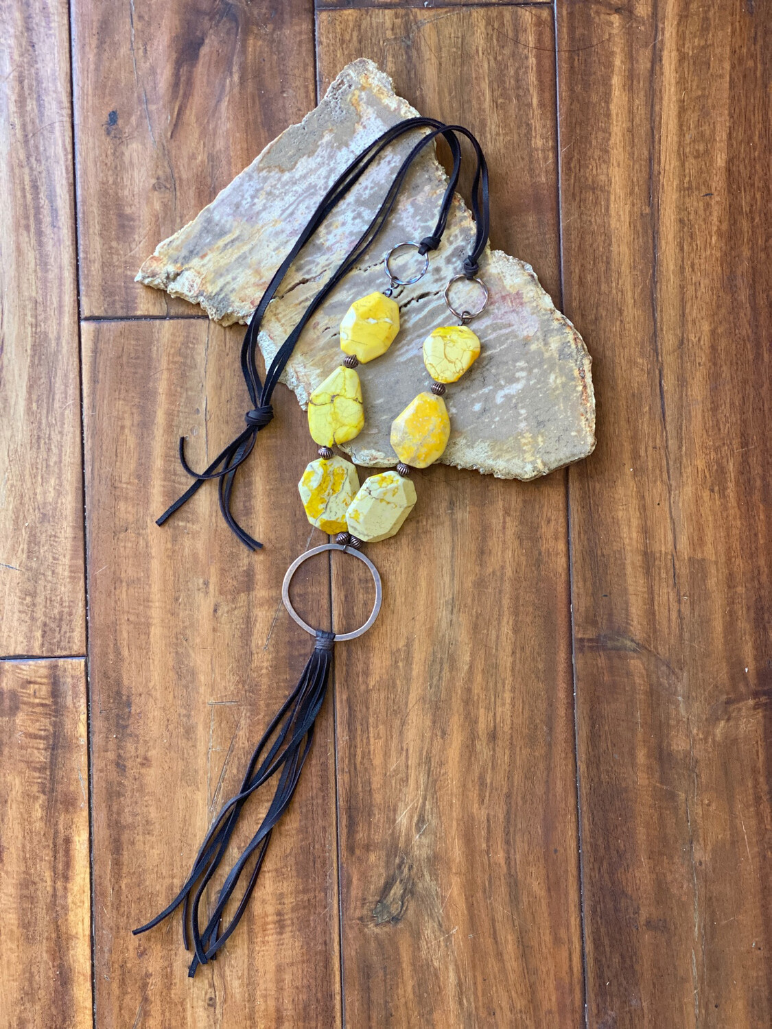 Yellow Turquoise Necklace with Metal & Leather