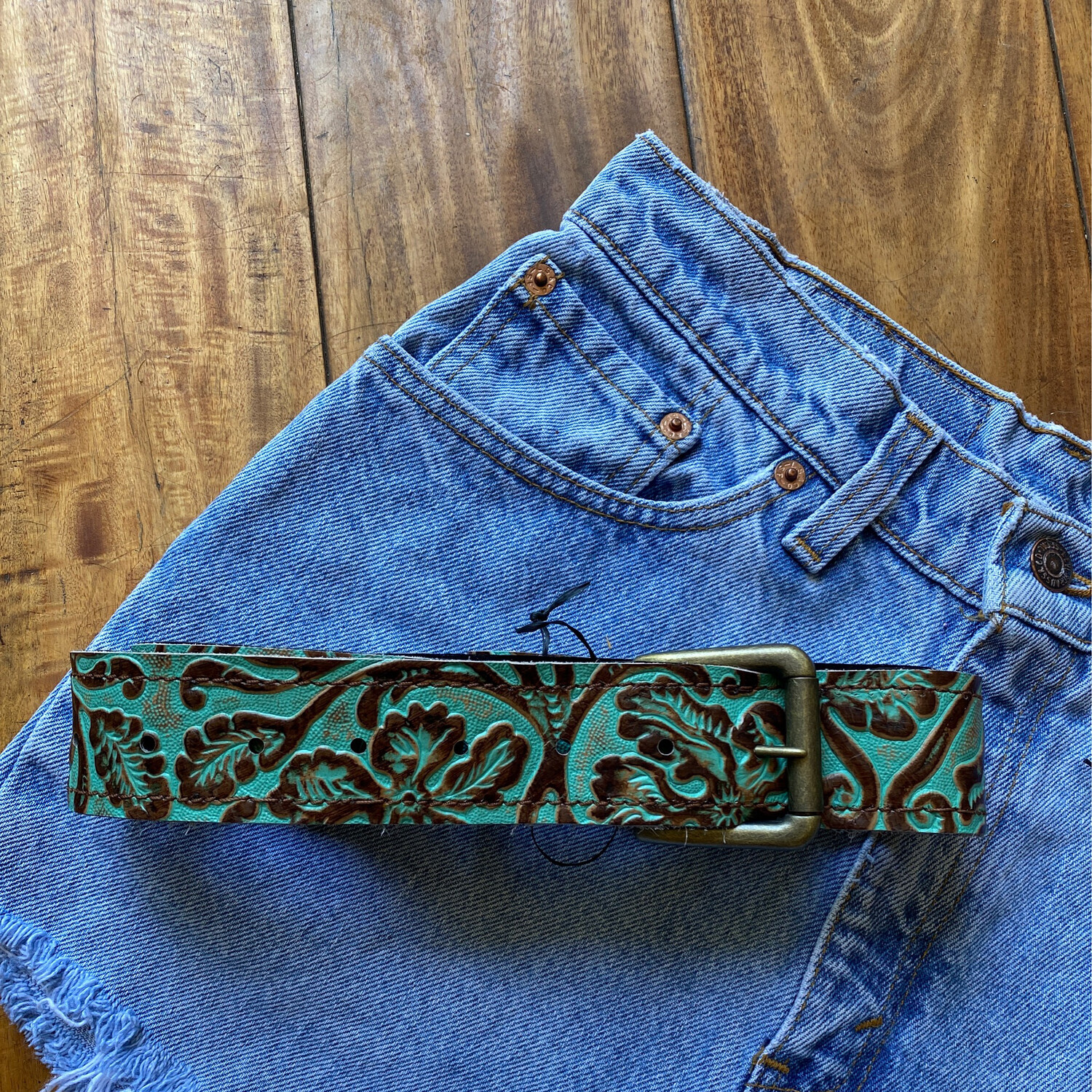 Leather Floral Embossed Brown & Turquoise Belt & Removable Belt  Buckle