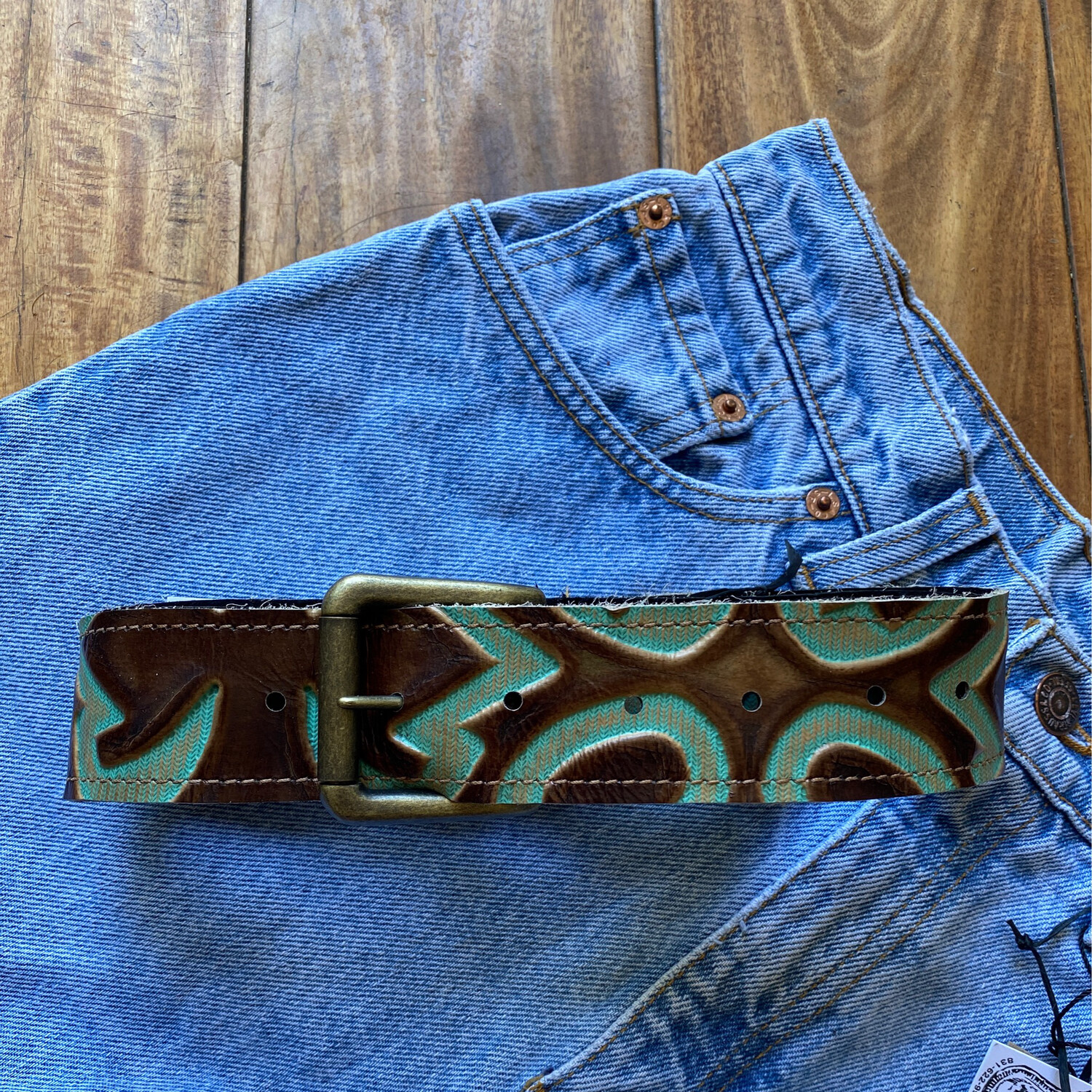 Leather Embossed Brown& Turquoise Belt with Gold Details & Removable Belt Buckle
