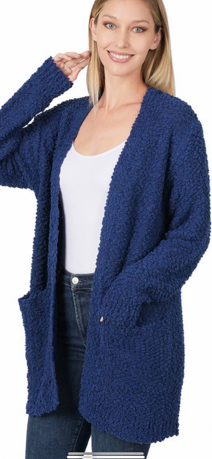 Popcorn Sweater Cardigan, Navy Blue 