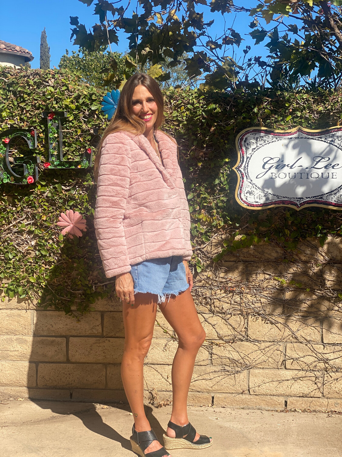 Pink Faux Fur Hooded Jacket with Snap Closure