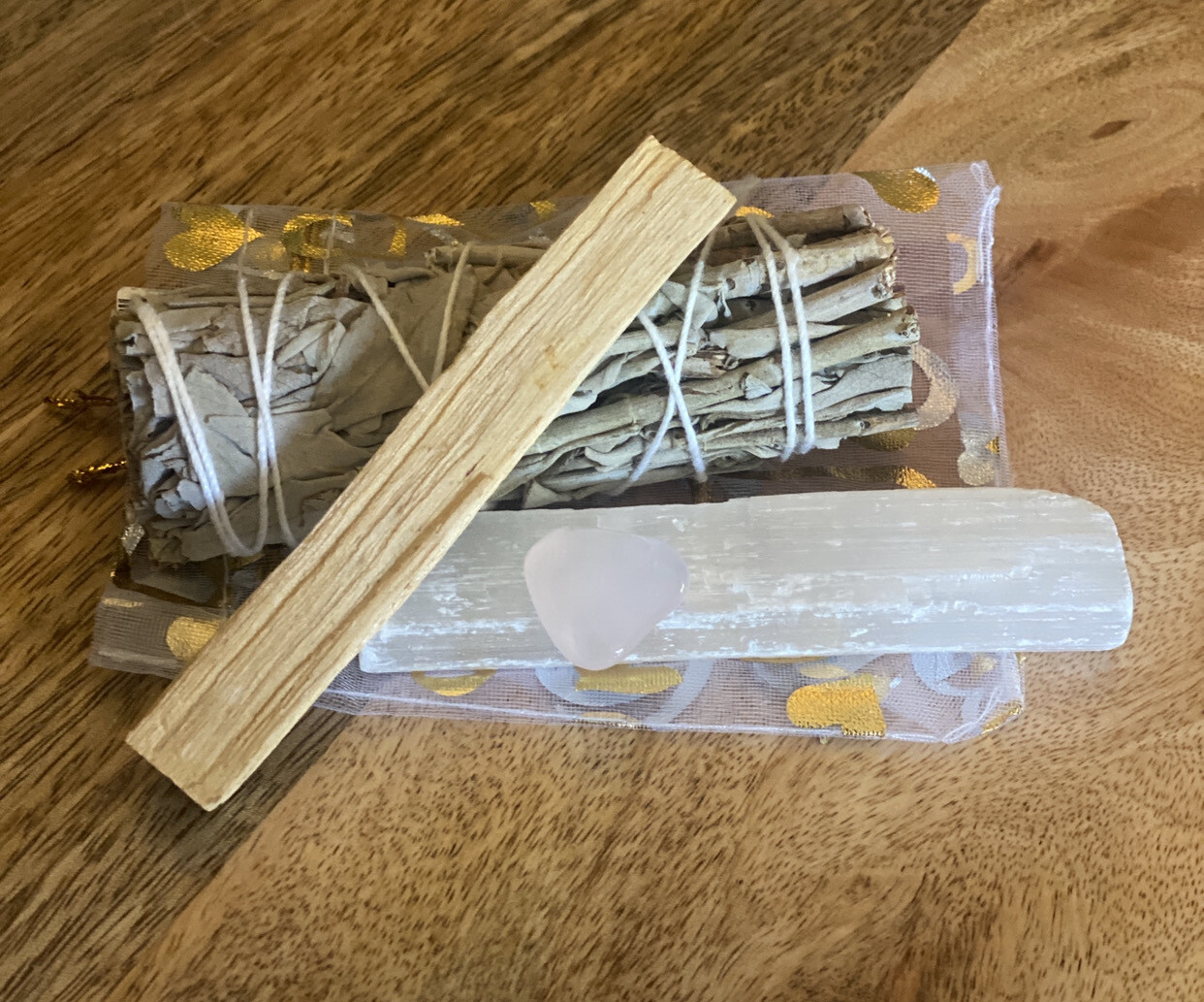 Smudge Kit with Sage Bundle, Selenite, Palo Santo, & Rose Quartz Crystal