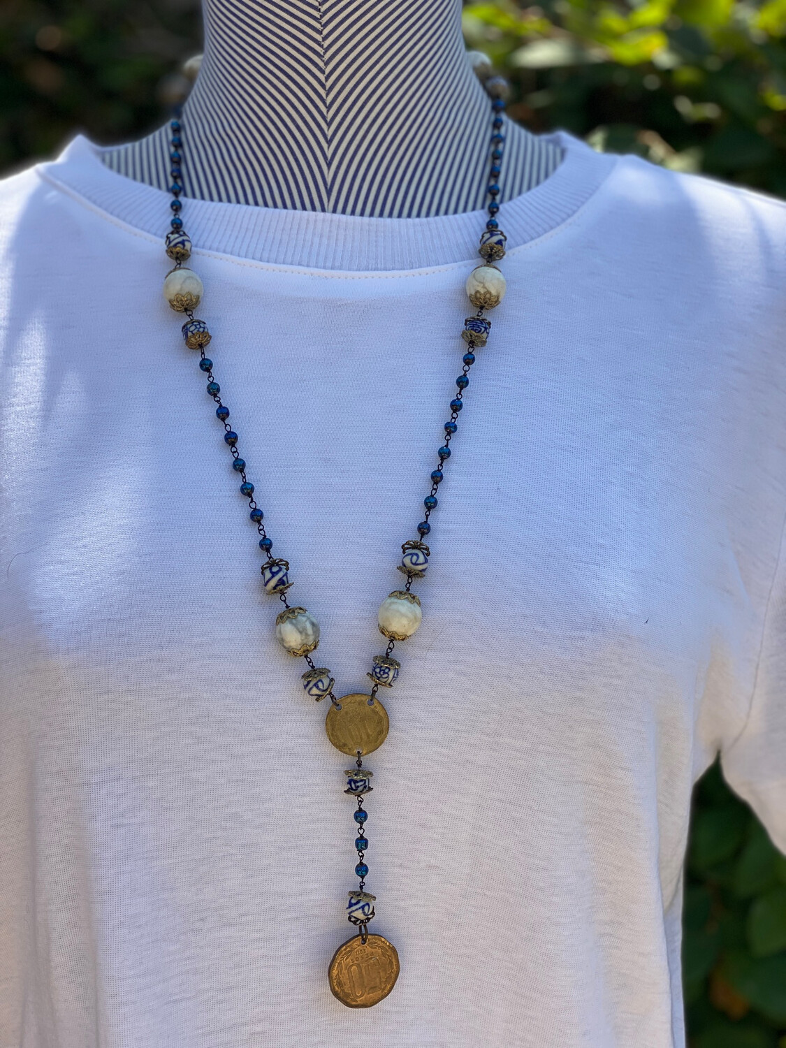 Beaded Coin Y Blue Necklace