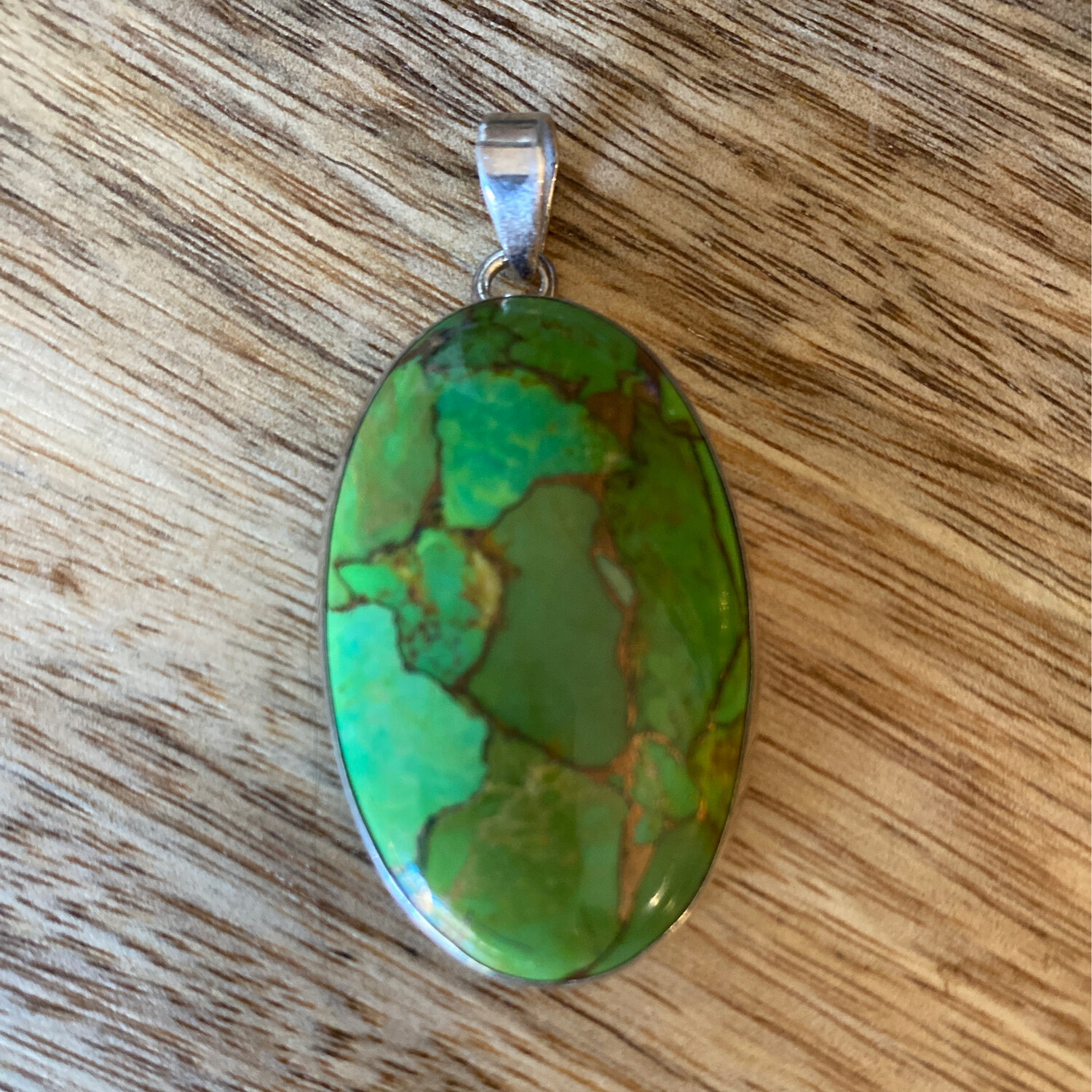 Green Turquoise & Copper Veining Sterling Silver Pendant