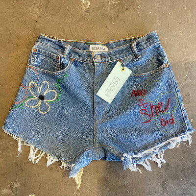ESIAAM Hand-Embroidered Denim Shorts 30"W "And So She Did"
