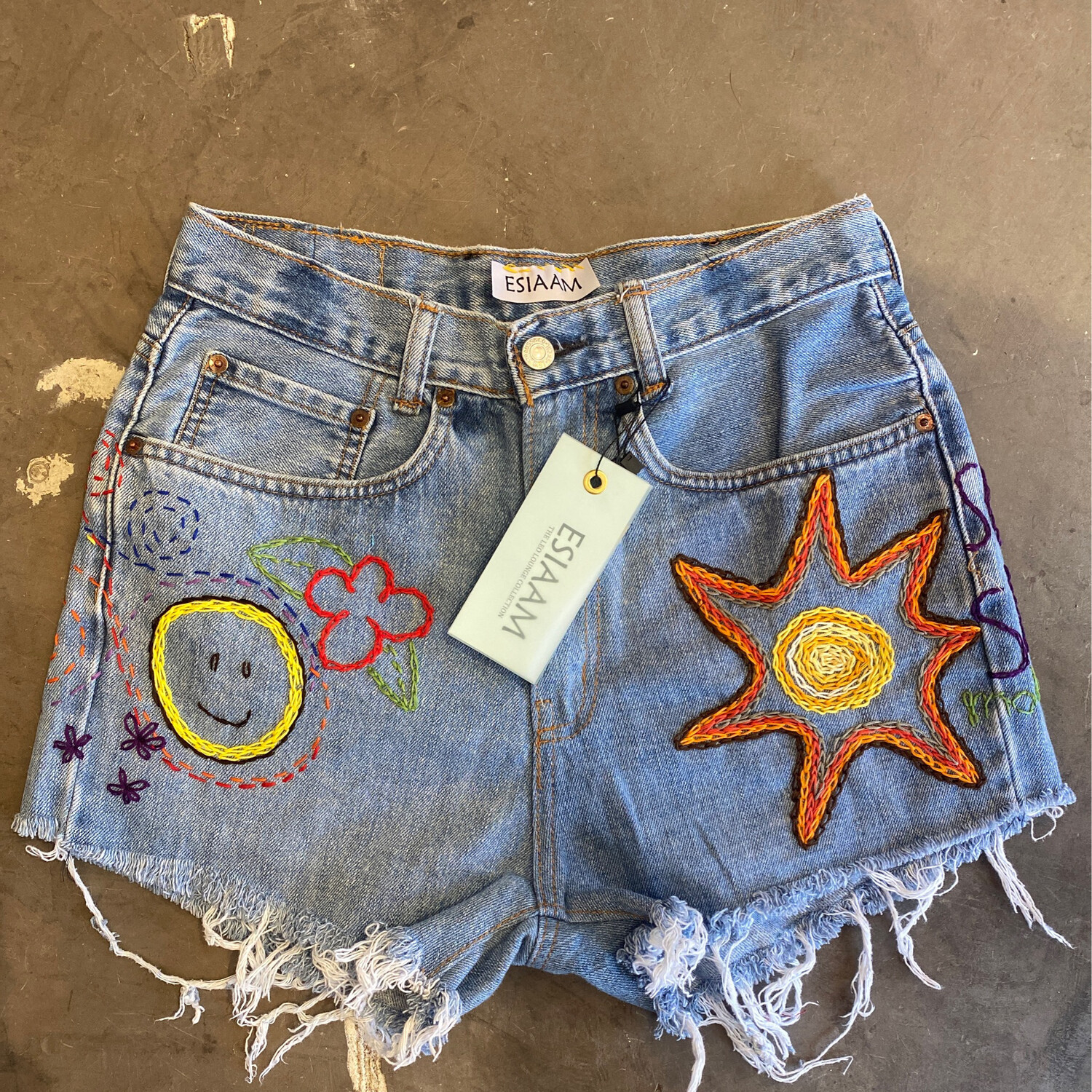 ESIAAM Hand-Embroidered Denim Shorts 29&quot;W &quot;BAM&quot; 