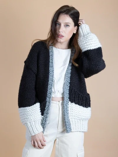 Black & White Bella Oversized Two Tone Hand-Knit Sweater Cardigan, SAACHI