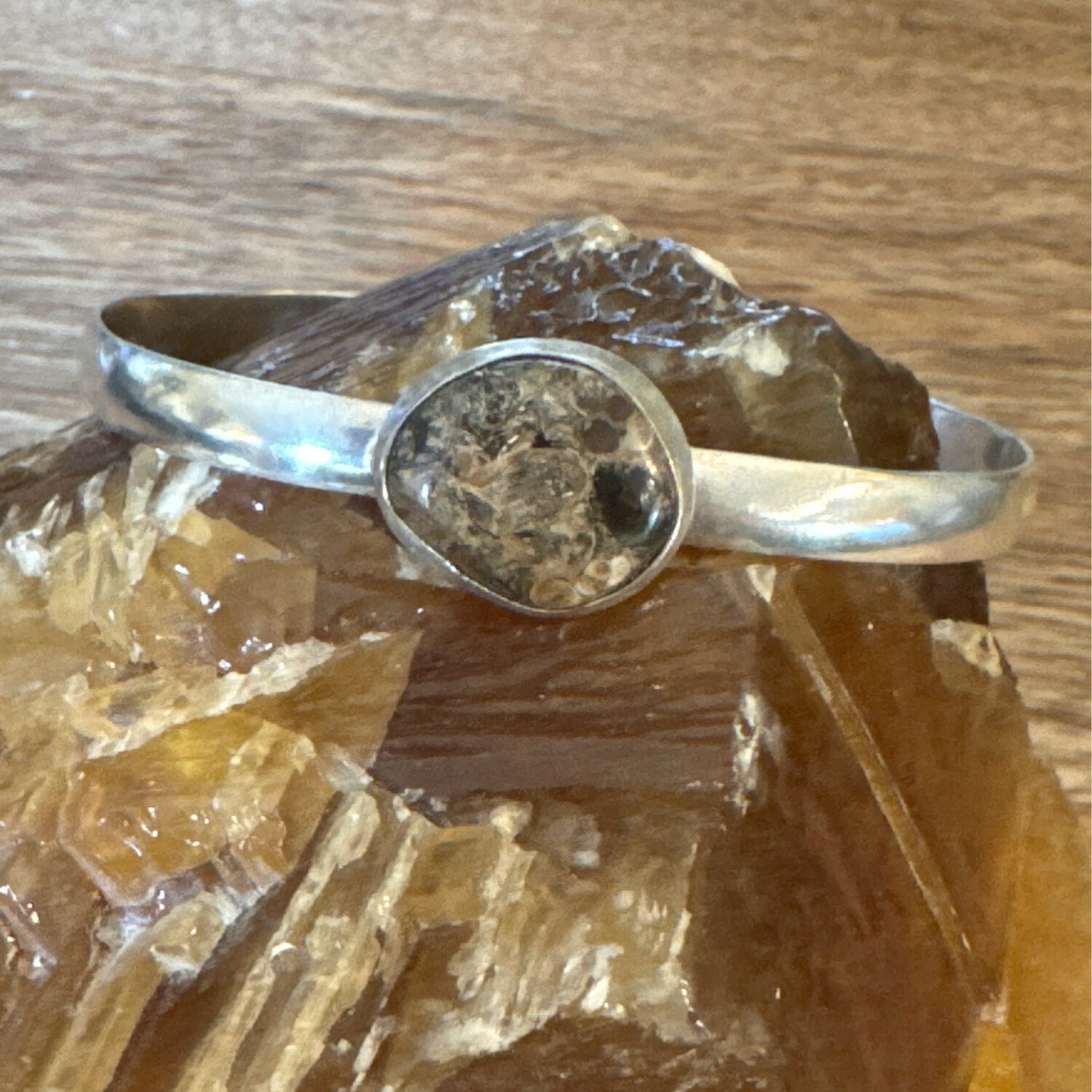 Turritella Fossil Gemstone 925 Sterling Silver Adjustable Cuff Bracelet