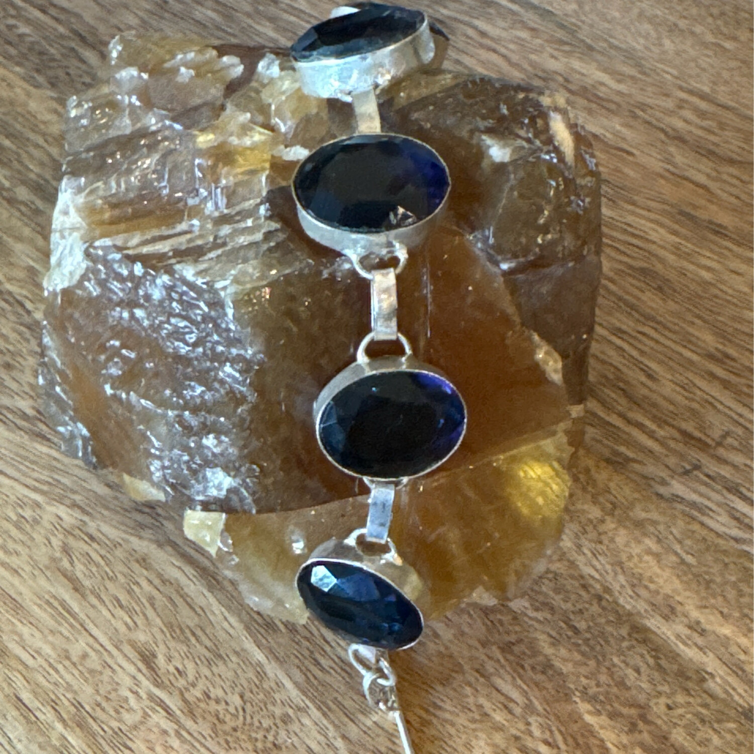 Iolite Lab-Created Blue Faceted Gemstone Silver Bracelet