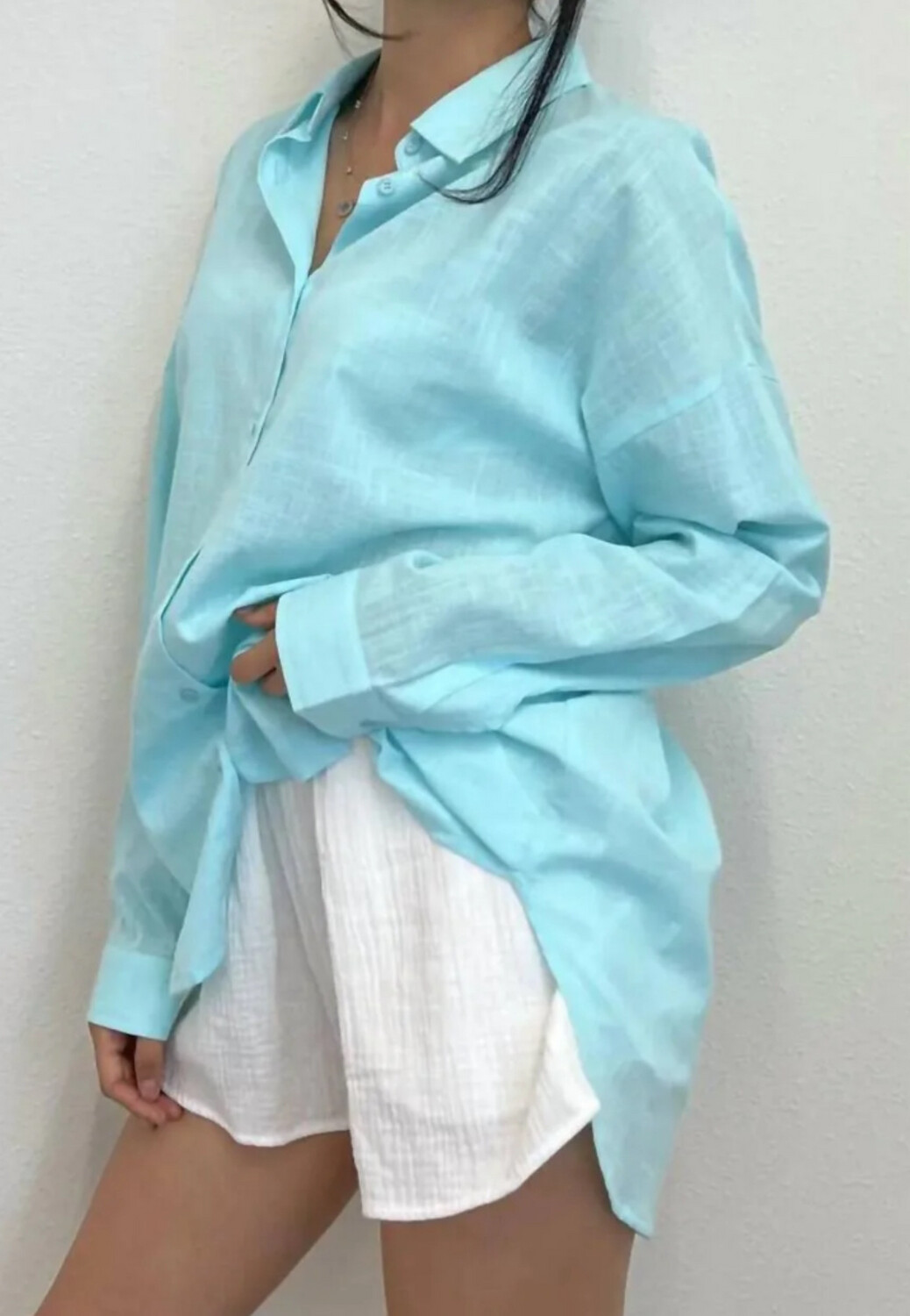 Linen Oversized Blouse Shirt L/S, Aqua