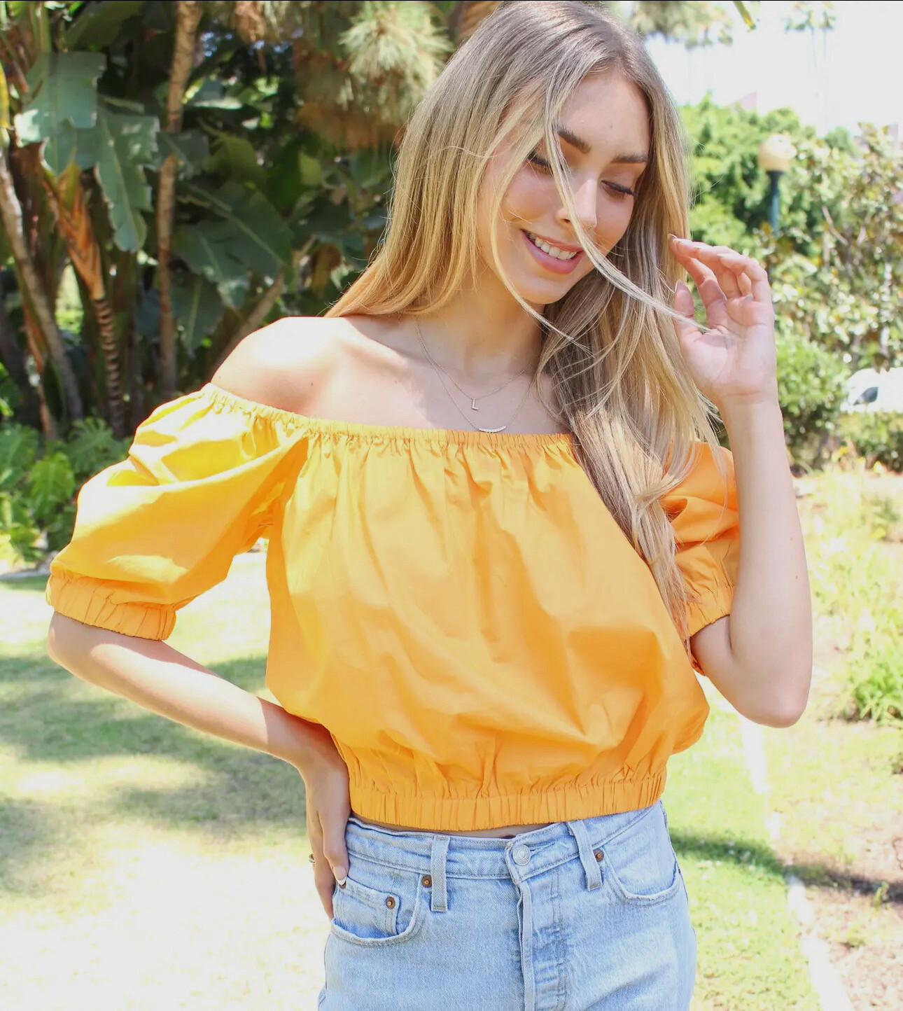 Off-the-Shoulder Two Way Shirt, Cotton, Marigold