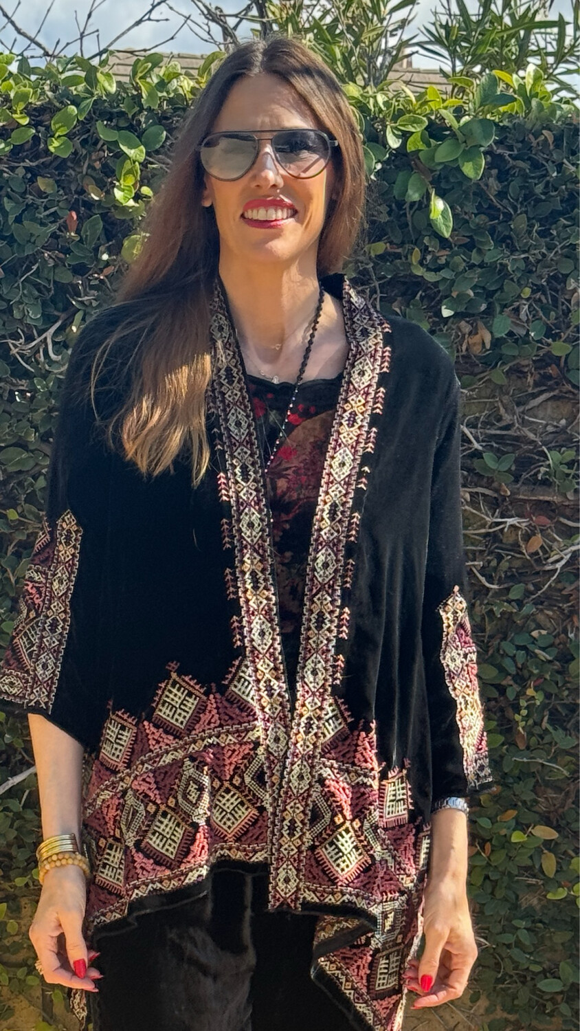 Johnny Was Black Embroidered Trim Velvet Cardigan