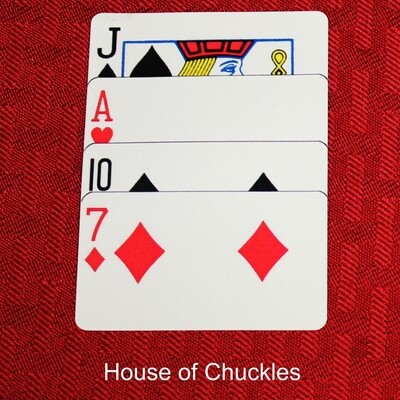 The exclusive Justin Miller Brain Freeze gaff.     Jack of Clubs, AH, 10S, 7D - Overlapping.