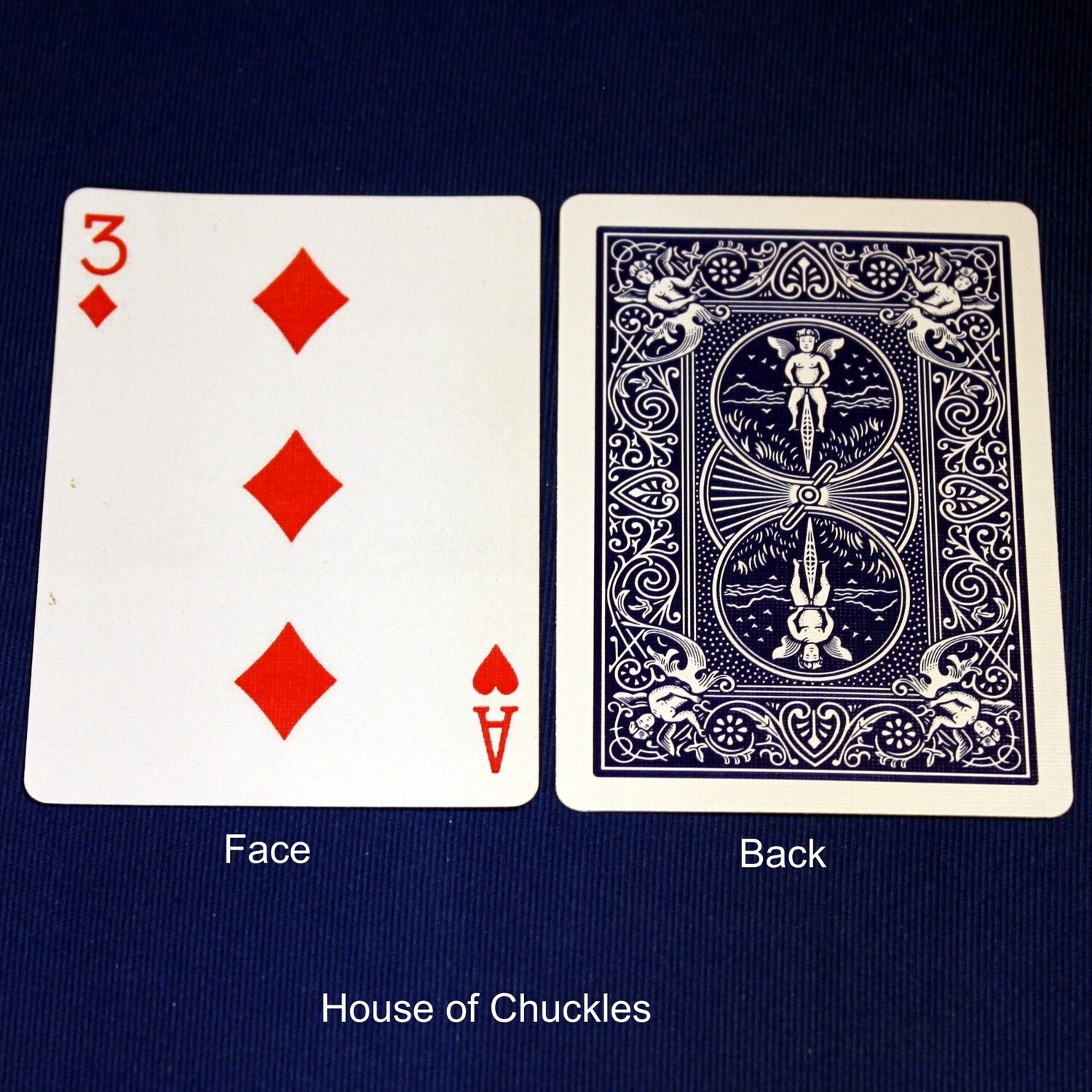 3 of Diamonds / Ace of Hearts - Mis-Indexed - Custom Printed Bicycle Gaff Playing Card, Back Option: Blue