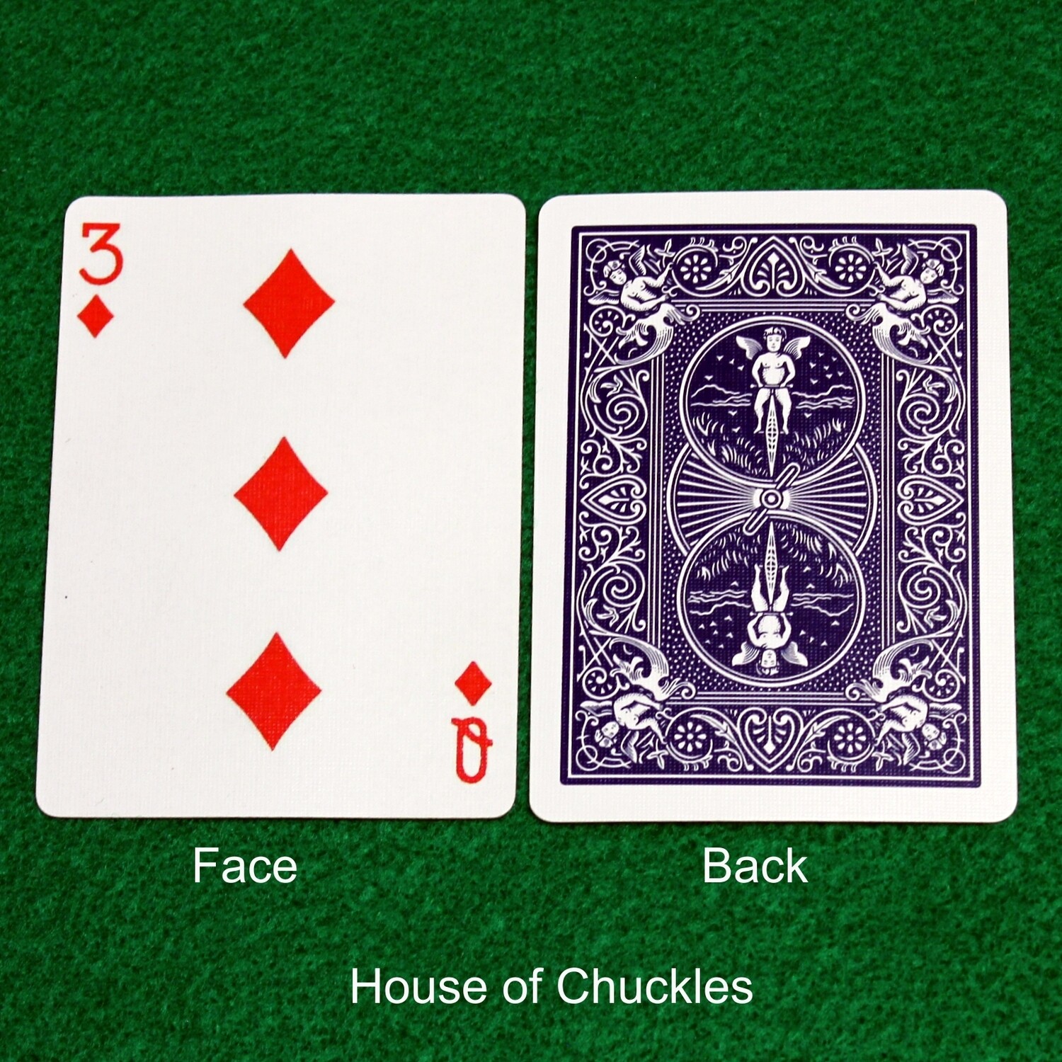 3 of Diamonds / Queen of Diamonds - Mis-Indexed - Custom Printed Bicycle Gaff Playing Card, Back Option: Blue