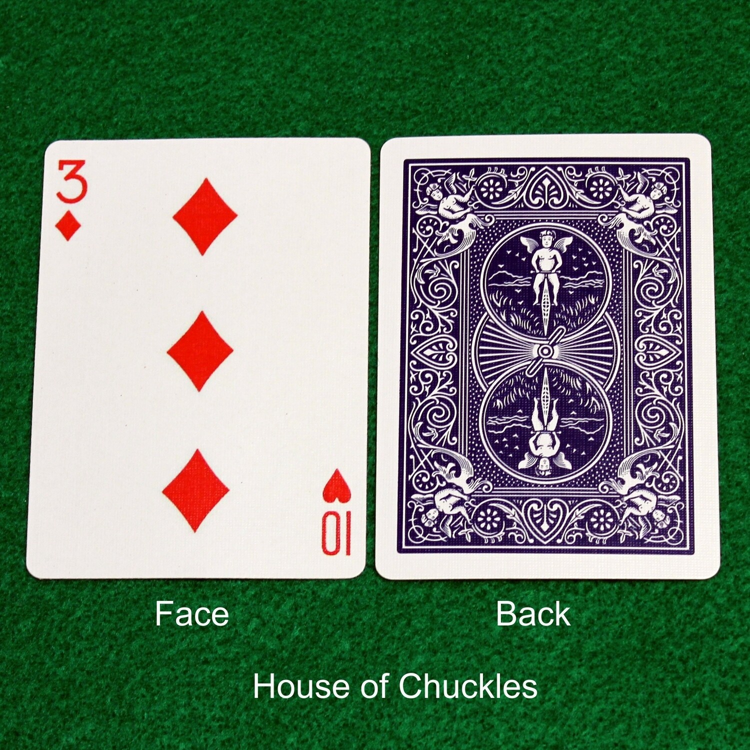 3 of Diamonds / 10 of Hearts - Mis-Indexed - Custom Printed Bicycle Gaff Playing Card, Back Option: Blue