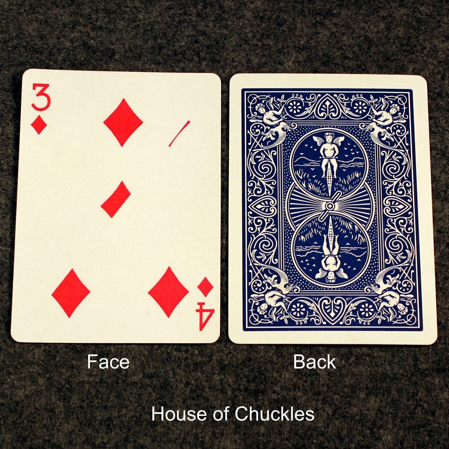 3 of Diamonds / 4 of Diamonds - Half &amp; Half Diagonal - Bicycle, Custom Printed Gaff Playing Card, Back Option: Blue