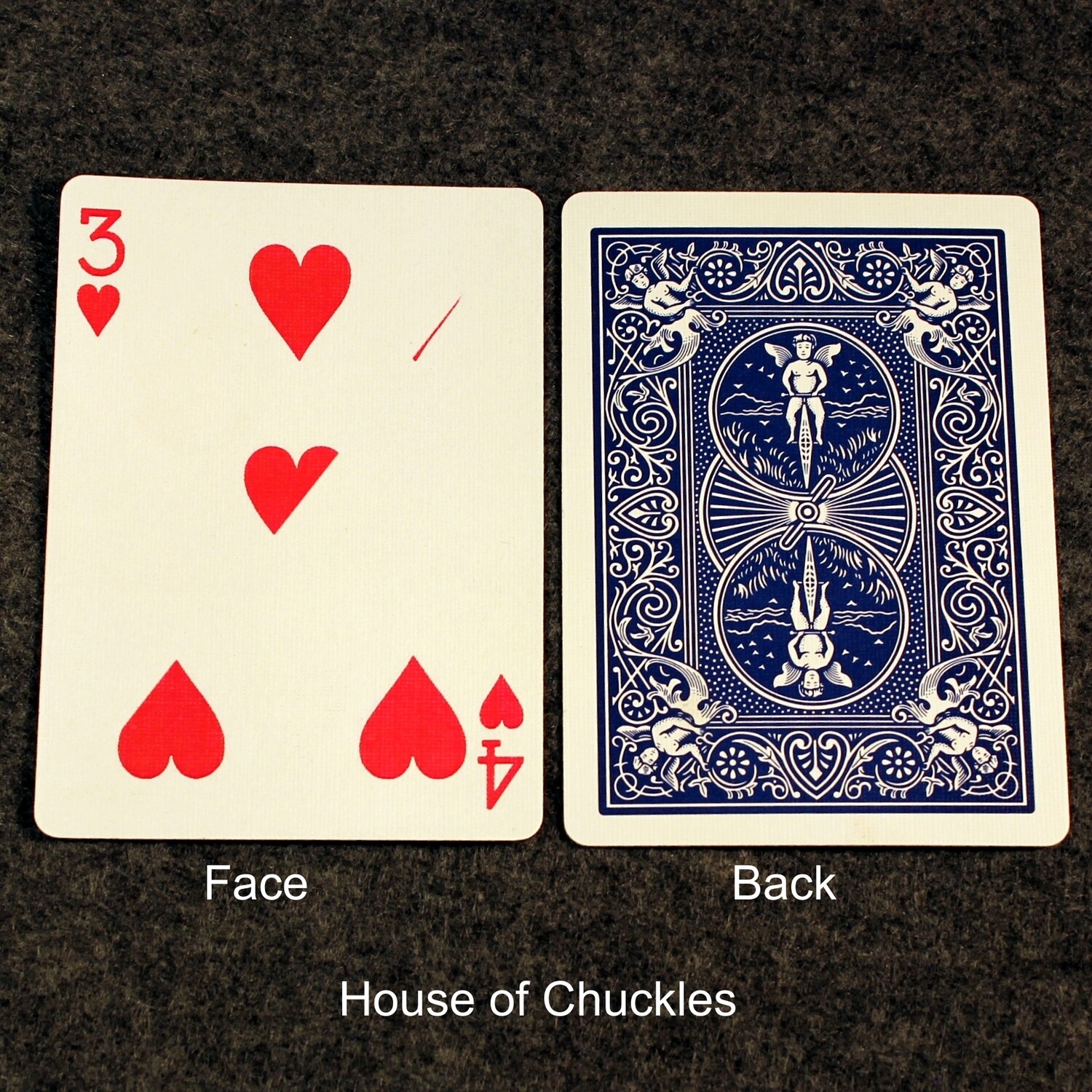 3 of Hearts / 4 of Hearts - Half &amp; Half Diagonal - Bicycle, Custom Printed Gaff Playing Card, Back Option: Blue