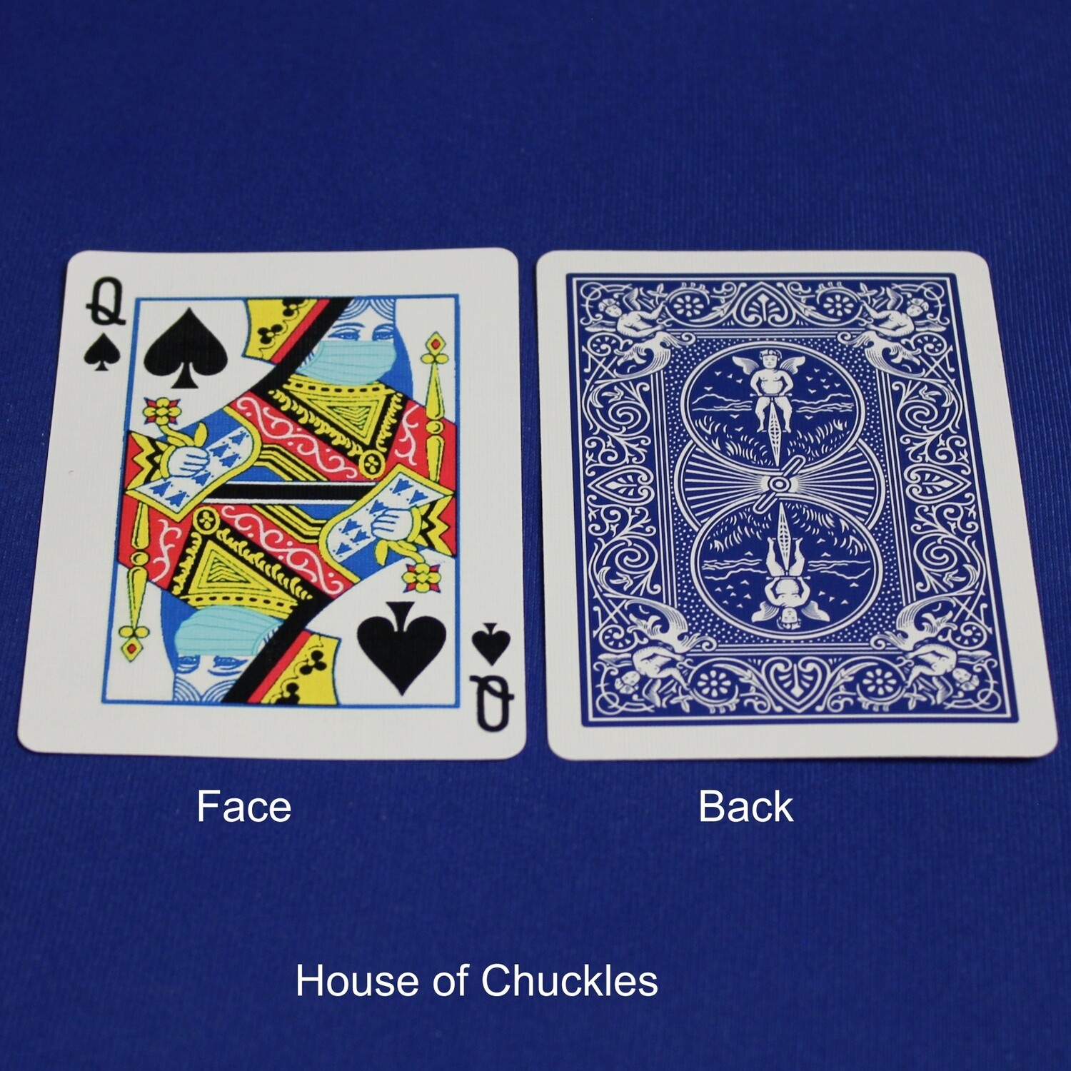 Covid Masked Queen of Spades - Bicycle, Custom Printed Gaff Playing Card, Back Option: Blue