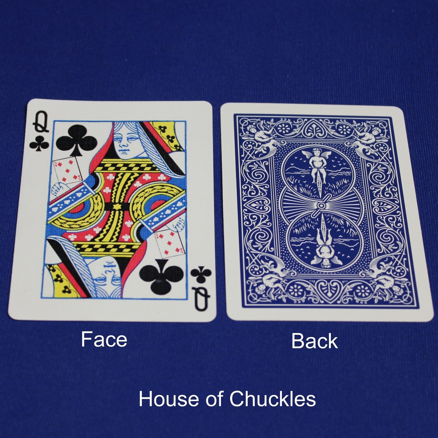 Queen of Clubs reveals Large 5 of Diamonds - Bicycle, Custom Printed Gaff Playing Card, Back Option: Blue