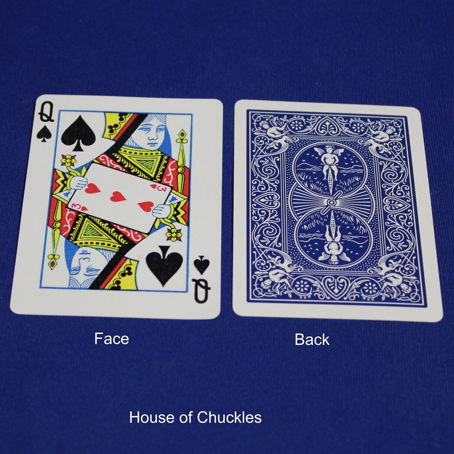 Queen of Spades reveals 3 of Hearts - Bicycle, Custom Printed Gaff Playing Card, Back Option: Blue