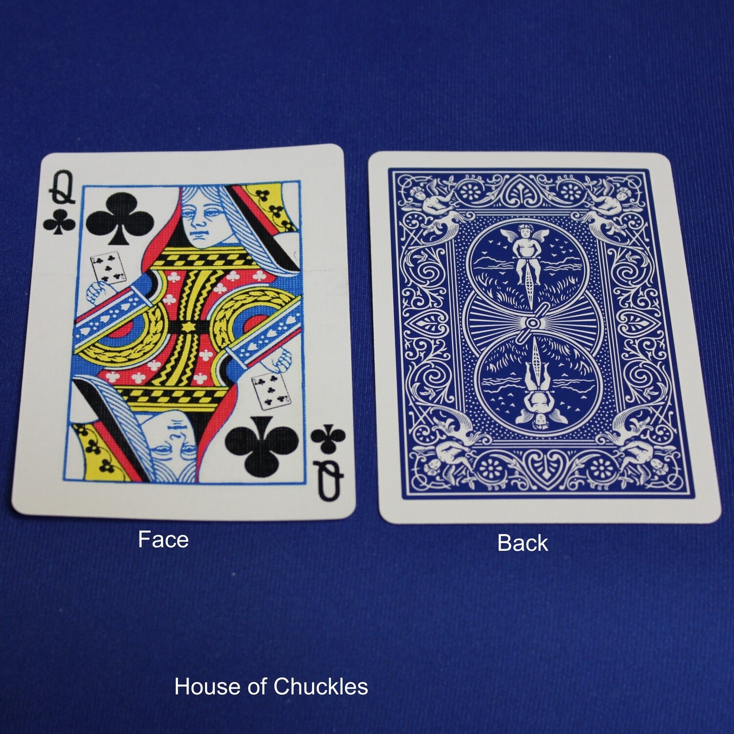 Queen of Clubs reveals 5 of Clubs - Bicycle, Custom Printed Gaff Playing Card, Back Option: Blue