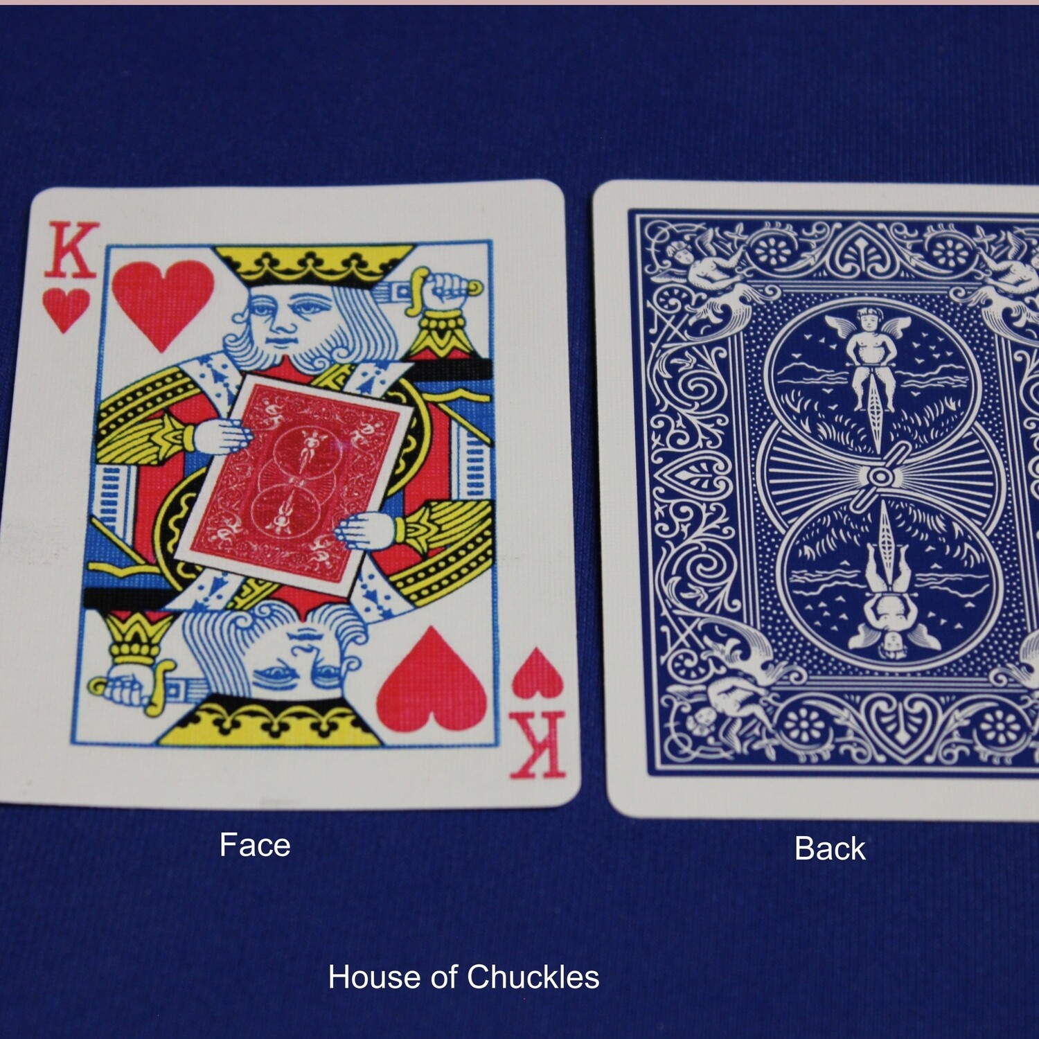 King of Hearts Holding a Red Back Card - Bicycle, Custom Printed Gaff Playing Card, Back Option: Blue