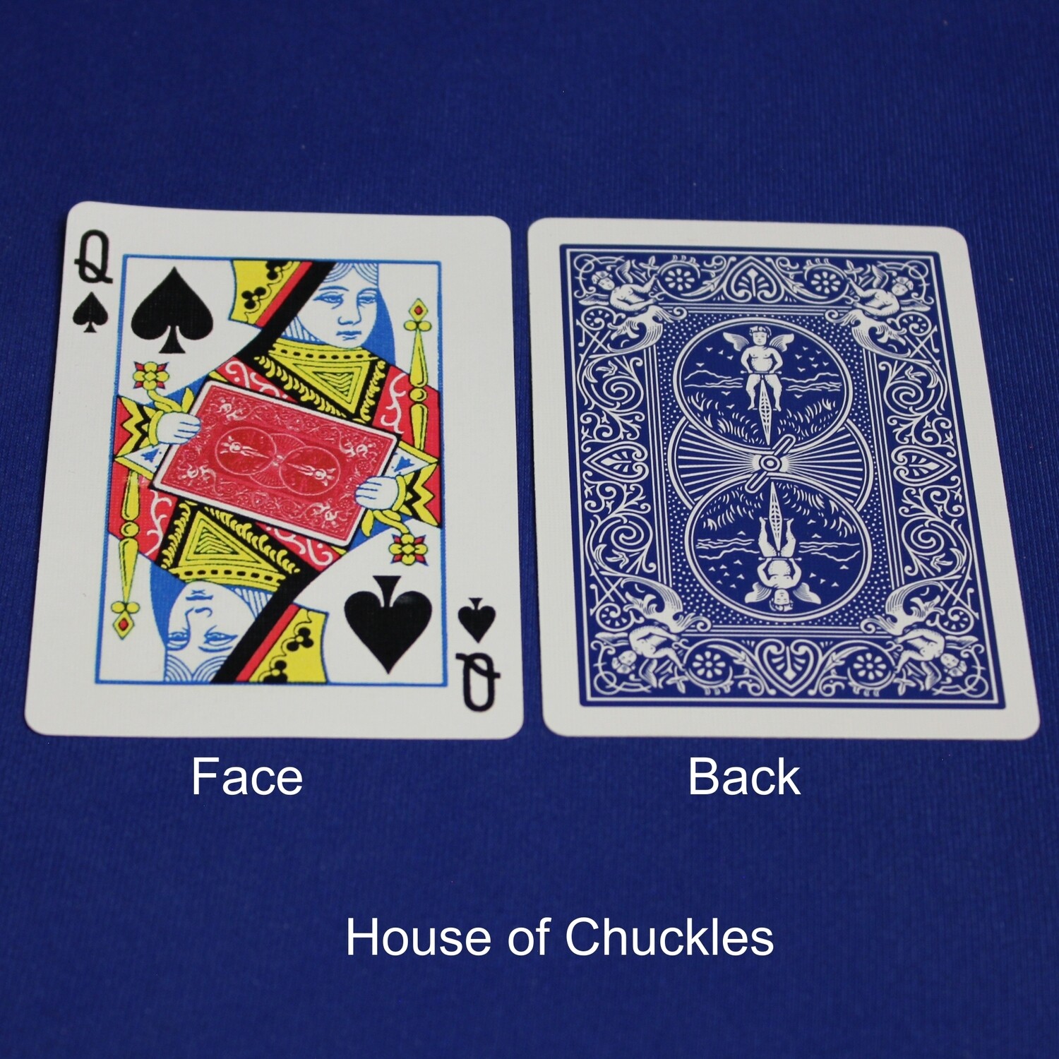 Queen of Spades Holding Red Back Card - Bicycle, Custom Printed Gaff Playing Card, Back Option: Blue