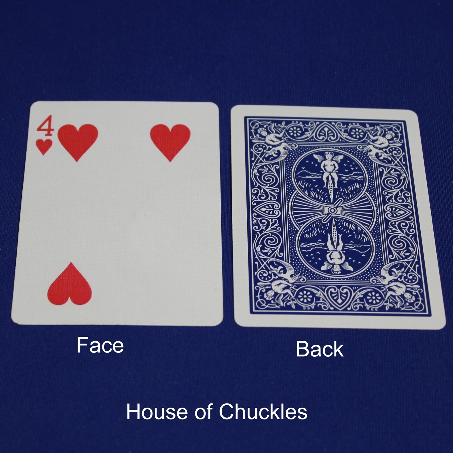 4 of Hearts Missing Pip - Bicycle, Custom Printed Gaff Playing Card, Back Option: Blue