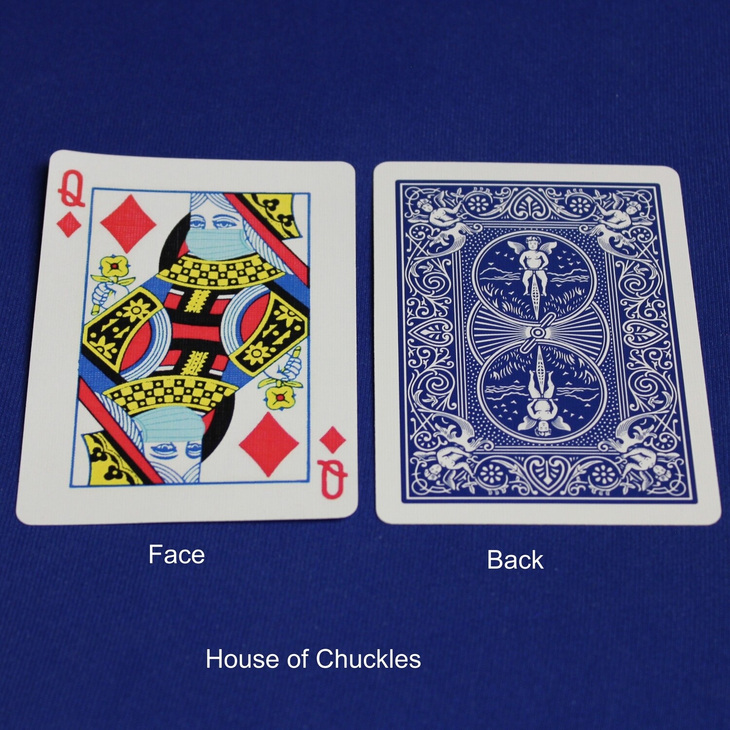 Covid Masked Queen of Diamonds - Bicycle, Custom Printed Gaff Playing Card, Back Option: Blue