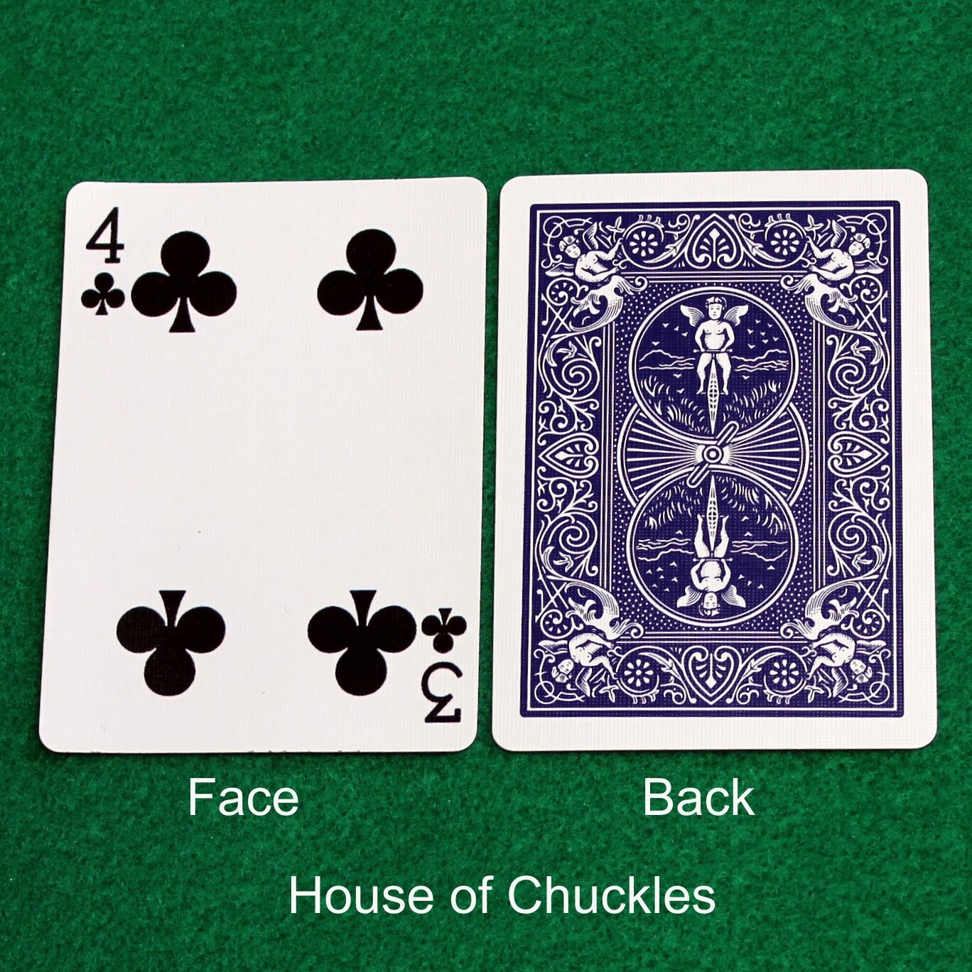 4 of Clubs / 3 of Clubs - Mis-Indexed - Custom Printed Bicycle Gaff Playing Card, Back Option: Blue