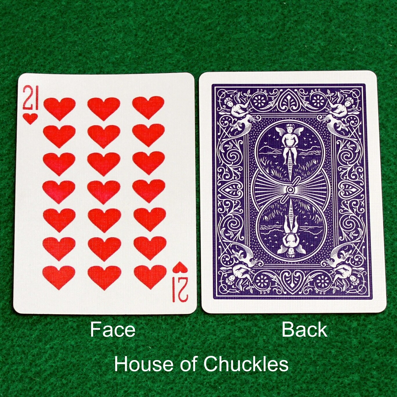 21 of Hearts - Bicycle, Custom Printed Gaff Playing Card, Back Option: Blue