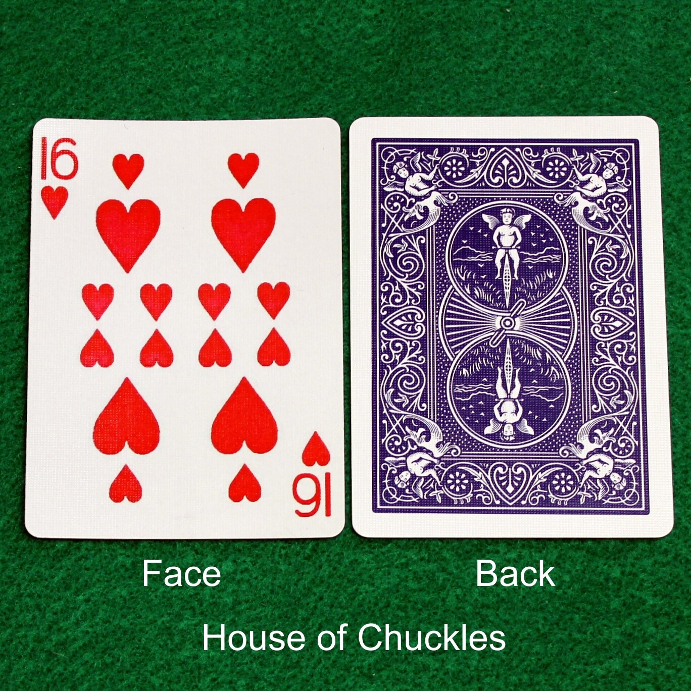 16 of Hearts - Bicycle, Custom Printed Gaff Playing Card, Back Option: Blue
