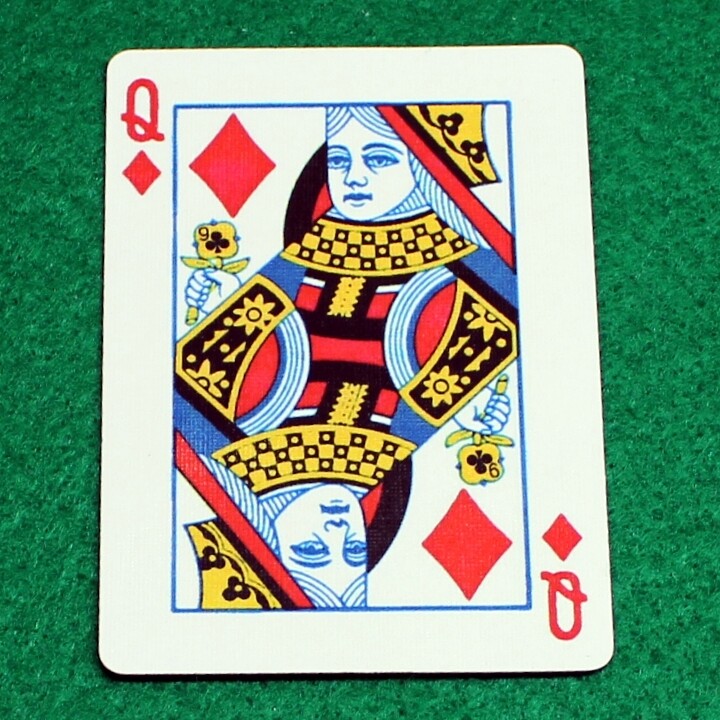 Queen of Diamonds reveals 9 of Clubs flower - Bicycle, Custom Printed Gaff Playing Card
